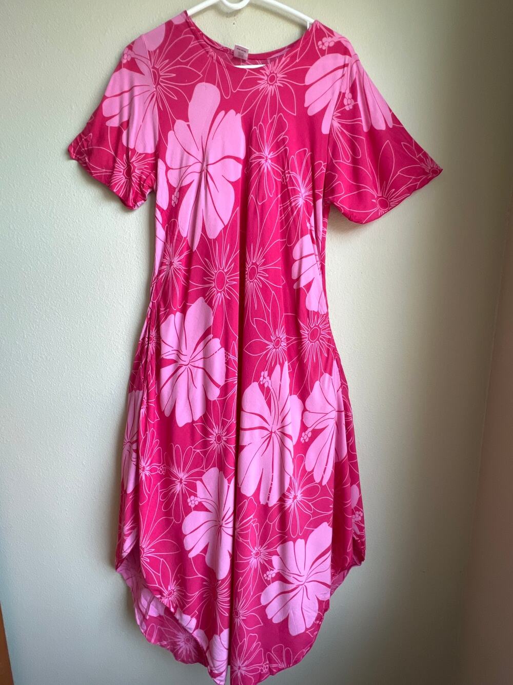 Pineapple Isle Pink Hibiscus Floral Cocoon Midi Dress Pockets Size 2 Plus 2X